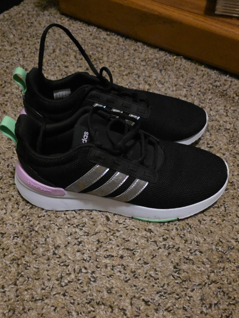 adidas Women’s Black Athletic Sneakers with Silver Stripes and Pastel Accents